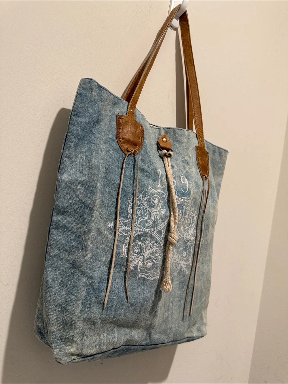 Denim Blue Tote with Brown Leather Handles and Tassel